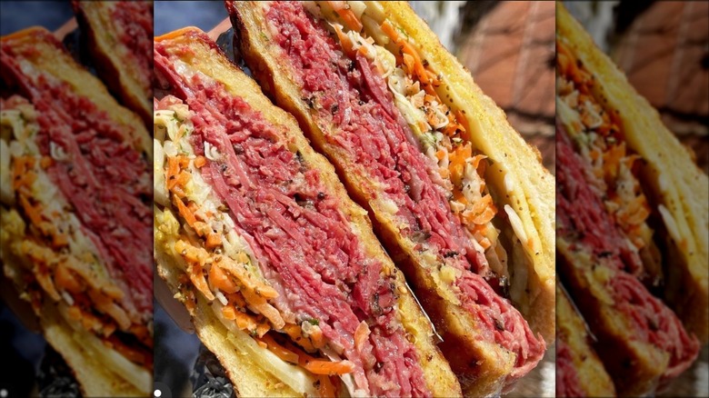 Closeup of two halves of pastrami sandwich at Sam LaGrassa's