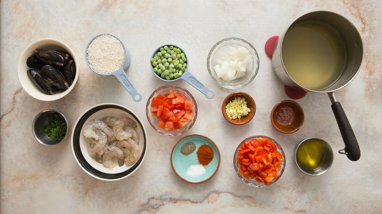 seafood rice ingredients on table
