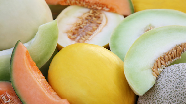 Various types of cut and whole melons, including cantaloupe and honeydew