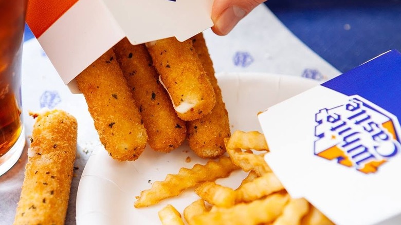 Mozzarella sticks and fries from White Castle on a plate