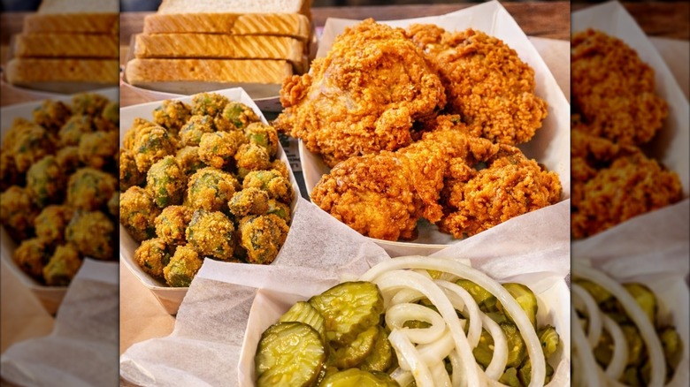 Fried chicken culets and fried okra balls in baskets