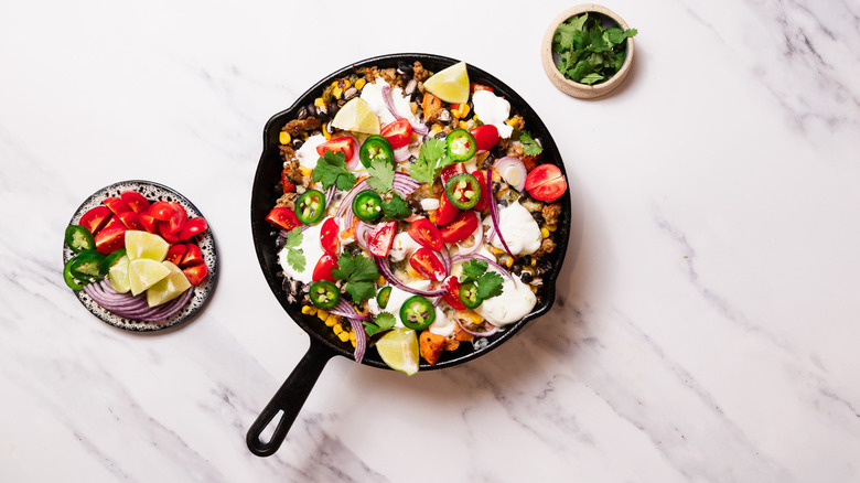 Southwestern sweet potato skillet with toppings