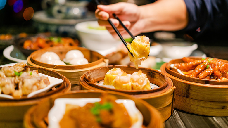 Dim sum spread in bamboo steamers