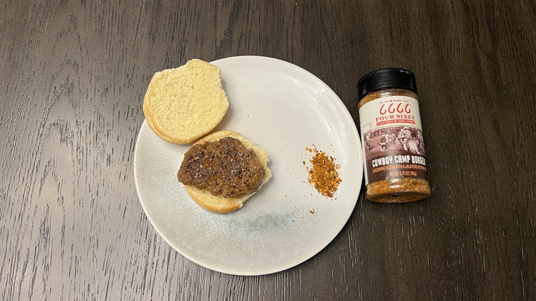 Four Sixes burger seasoning on a burger patty on a plate