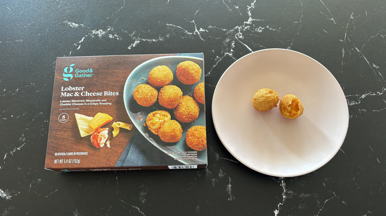 Target's Lobster Mac & Cheese Bites in box and on white plate
