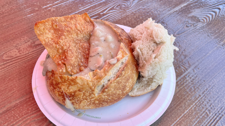 Chicken Pot Pie Soup in a bread bowl