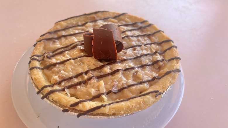 German Chocolate Pie close-up topped with shaving of chocolate