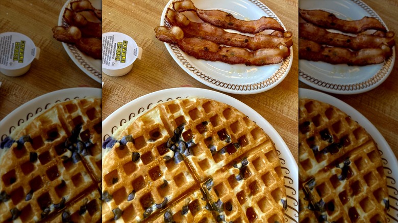 Blueberry waffle and side of bacon from Waffle House on white plates