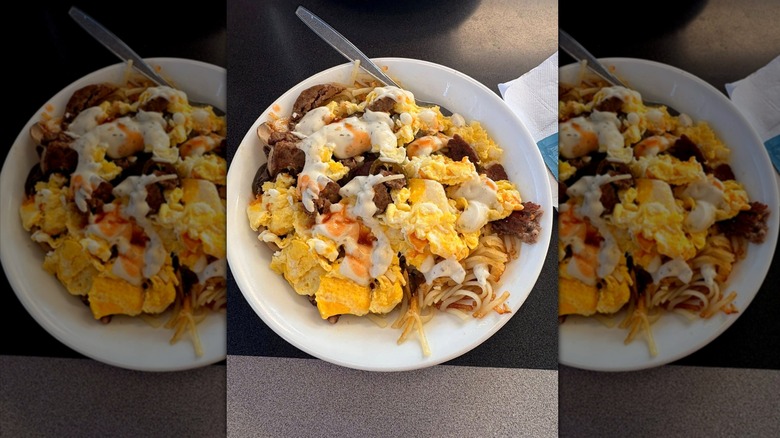 Hash brown bowl in white bowl from Waffle House