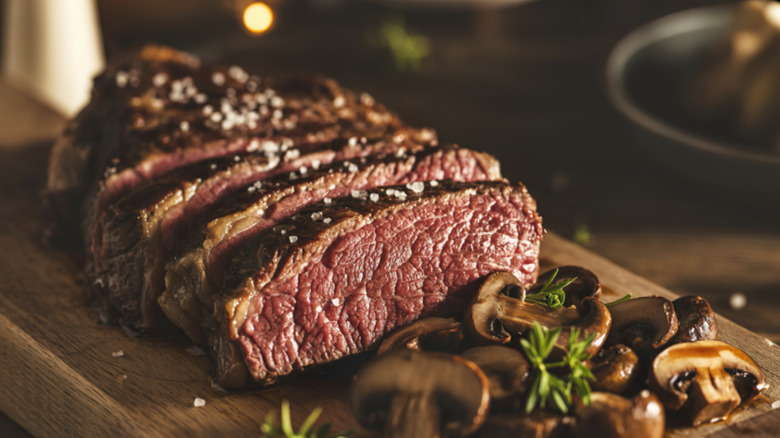 A sliced, cooked thick-cut steak on a wooden board with mushrooms and rosemary