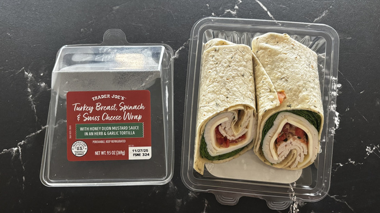 Trader Joe's Turkey Breast, Spinach, & Swiss Cheese Wrap in plastic container