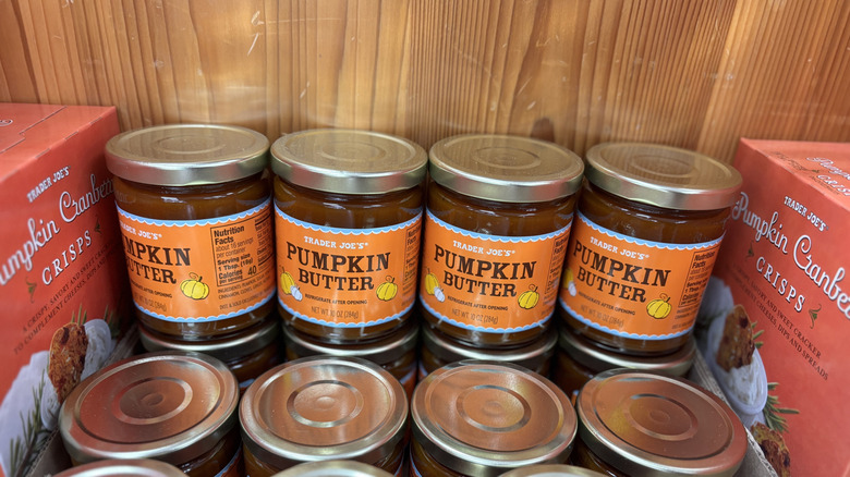 Trader Joe's pumpkin butter jars stacked on shelf