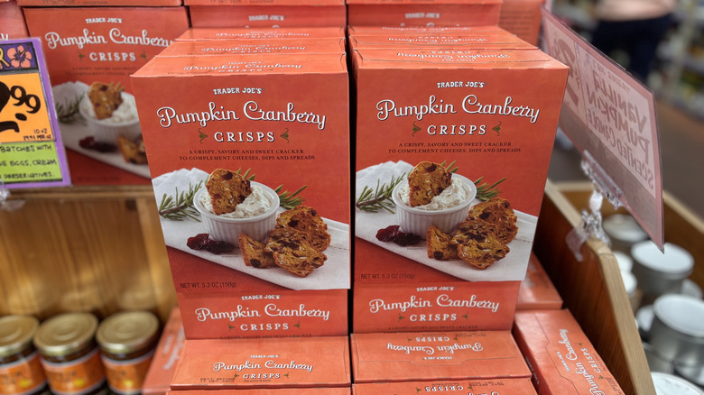 Trader Joe's pumpkin cranberry crisps boxes stacked