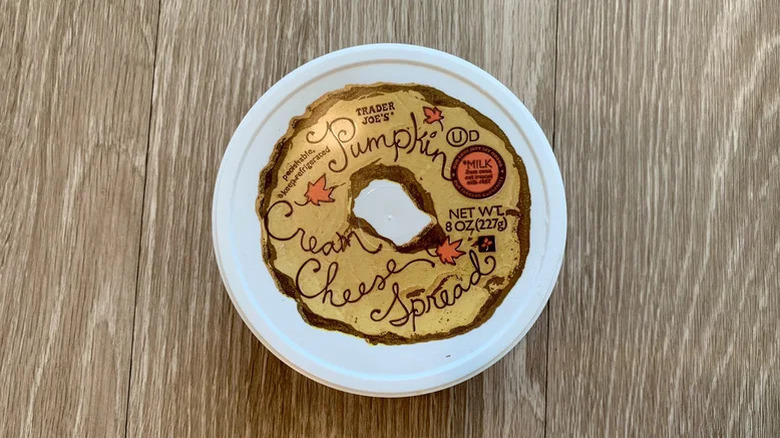 Trader Joe's pumpkin cream cheese on countertop