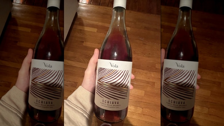 Hand holding bottle of Vola Schiava wine
