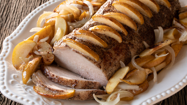 Savory dish of pork chops, apples, and onions