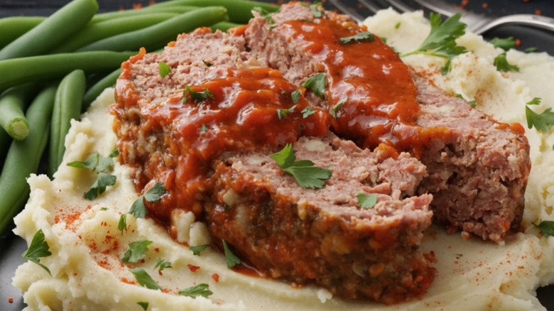 Close-up of meatloaf on a plate with mashed potatoes and green beans
