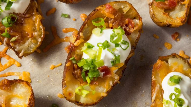 Loaded potato skins topped with sour cream