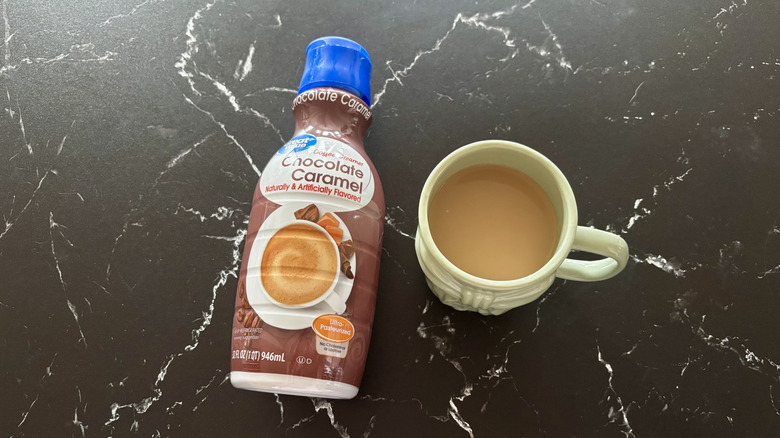 chocolate caramel coffee creamer in a cup of coffee
