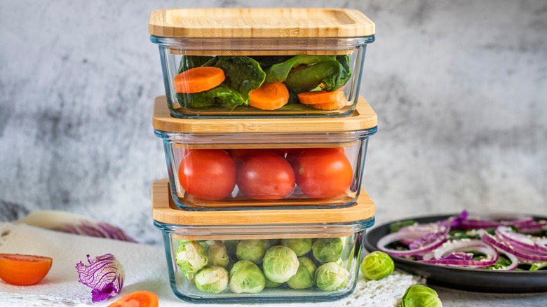 Stacked glass containers of food