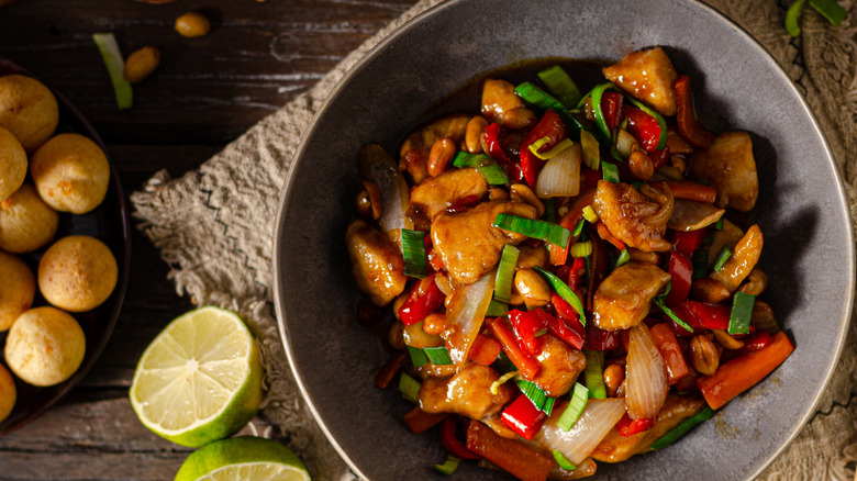 chicken and vegetable stir fry in a bowl