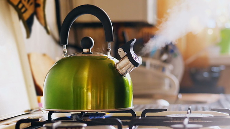 A green kettle boiling on the stove