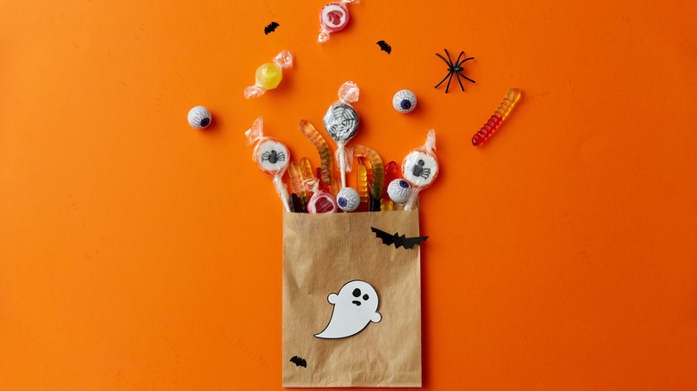 Brown bag of Halloween candy