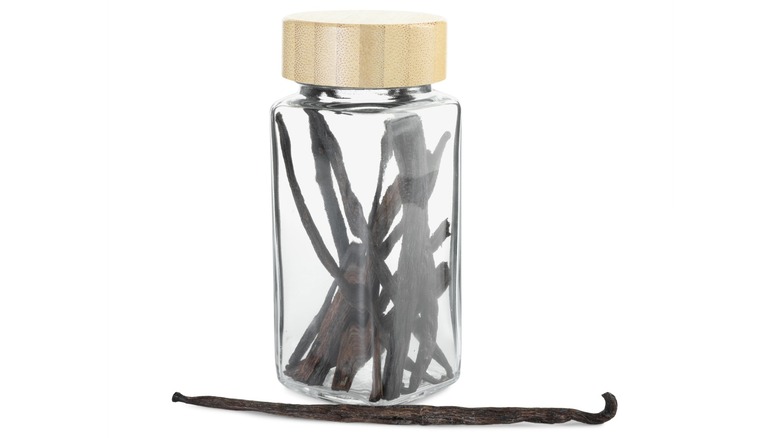 Vanilla beans in closed glass jar