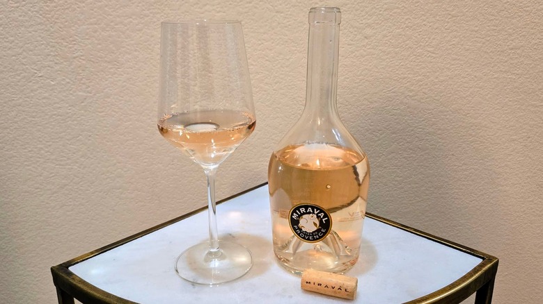 Bottle and glass of Miraval rose,