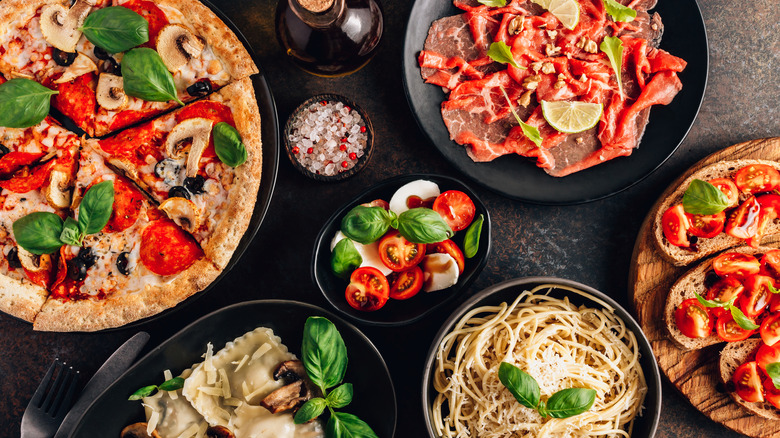 Assorted Italian foods on table