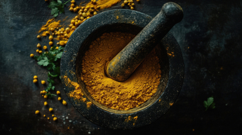 dark stone mortar and pestle full of ground spices against dark background