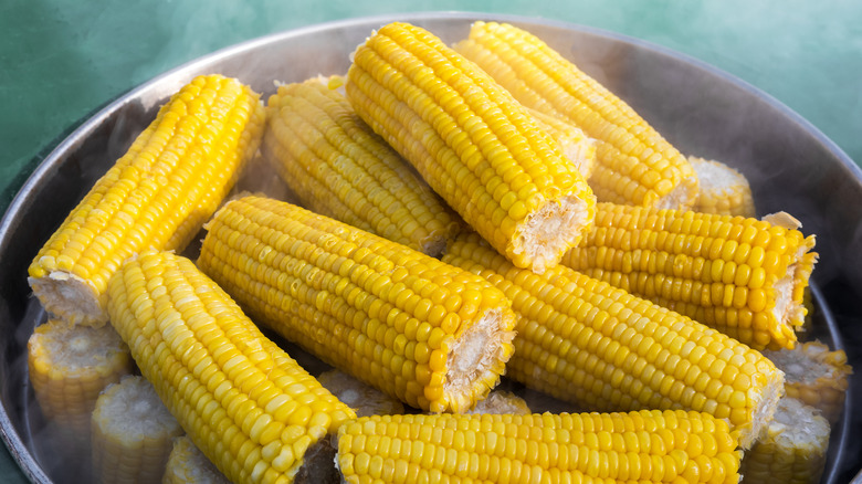 Steaming cobs of corn inside a large metal pot