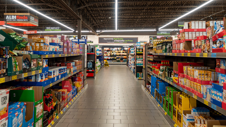 Aisle of dry goods and snacks inside Aldi store