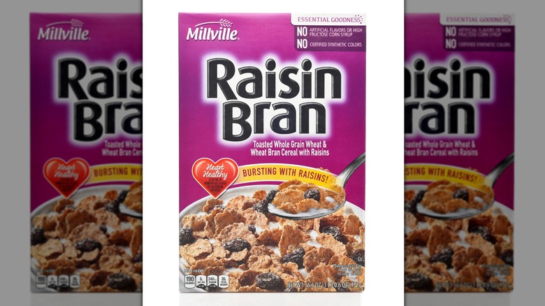 Box of Millville brand raisin bran cereal