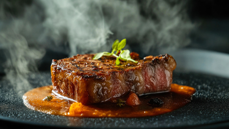 A juicy, smoking steak rests on a plate