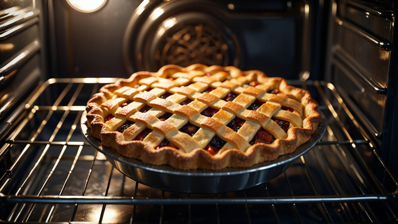 a pie bakes in the oven
