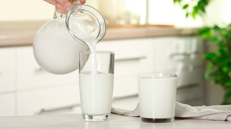 a person pours milk from a pitcher into two glasses