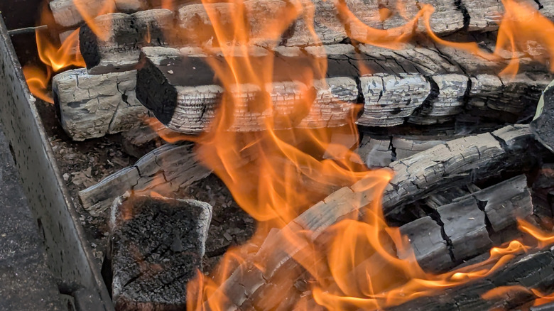 Dark blackened wood chunks for grilling on fire with orange flames