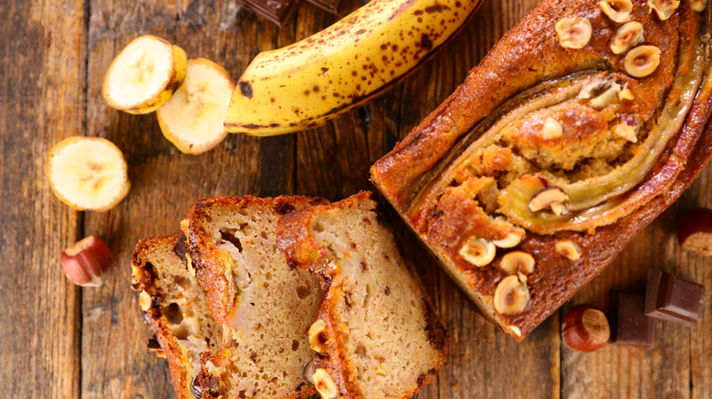 banana bread loaf on a wooden background
