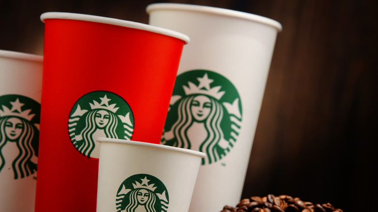 Red and white starbucks cups