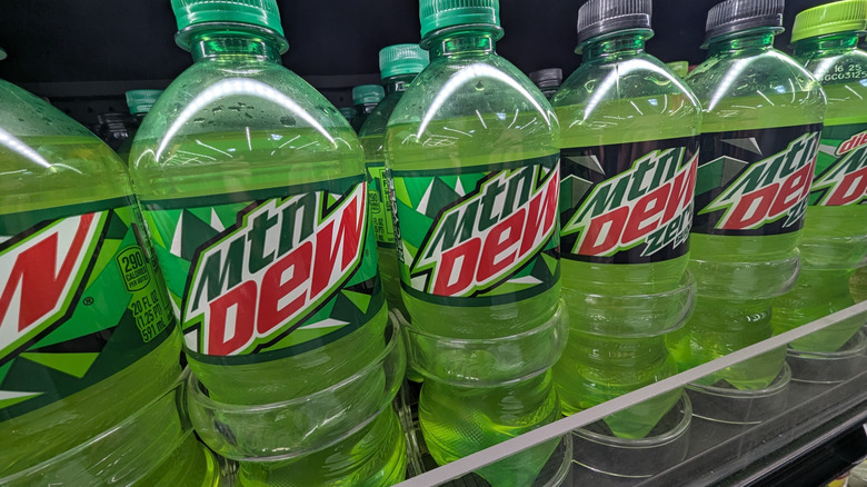 Mountain Dew bottles lined up in store