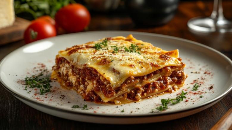A slice of meat lasagna on a plate dusted with seasonings and herbs