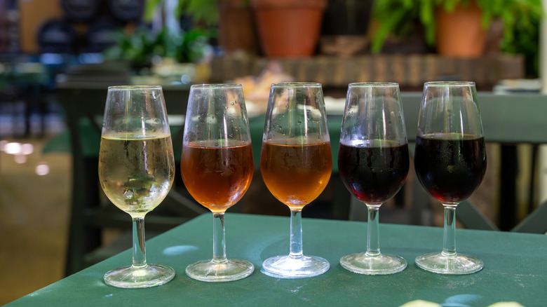 five glasses of different types of sherry
