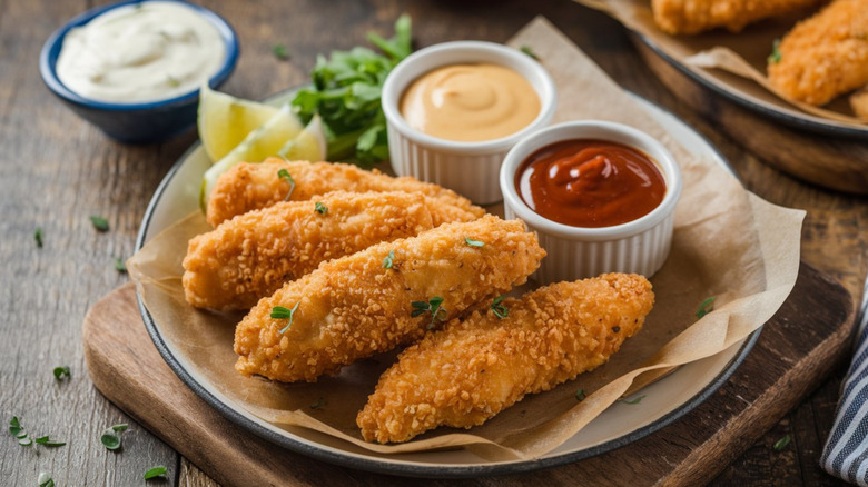 Crispy baked chicken tenders on a plate with sauces