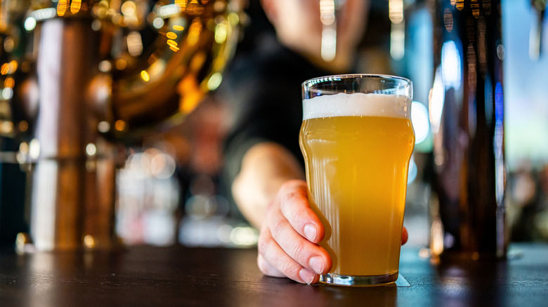 Bartender placing beer pint on bar countertop
