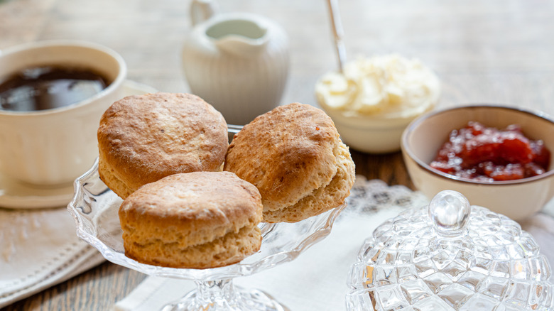 English cream tea with scones, jam, and clotted cream