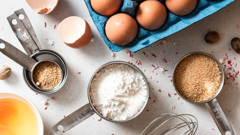 baking ingredients with eggs on a countertop