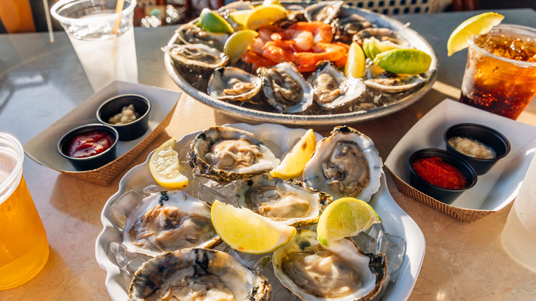 Plates of fresh raw oysters and lemons on table next to cocktails and dipping sauces