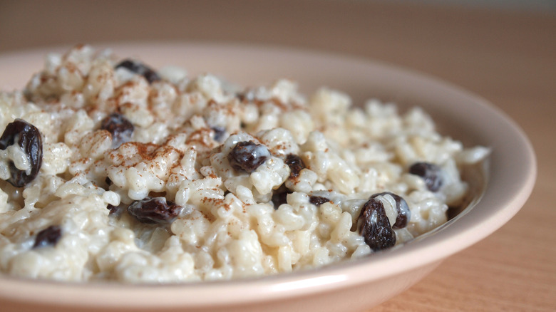 A bowl of rice pudding with raisins in it, dusted with cinnamon