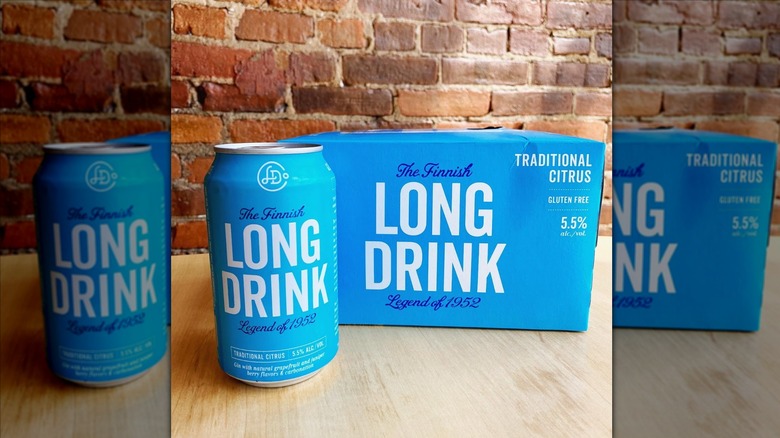 The Finnish Long Drink can and box on wooden table